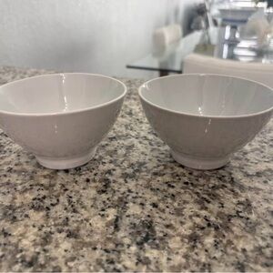 Set of Two White Pier One Ceramic Bowls and two ceramic creamers